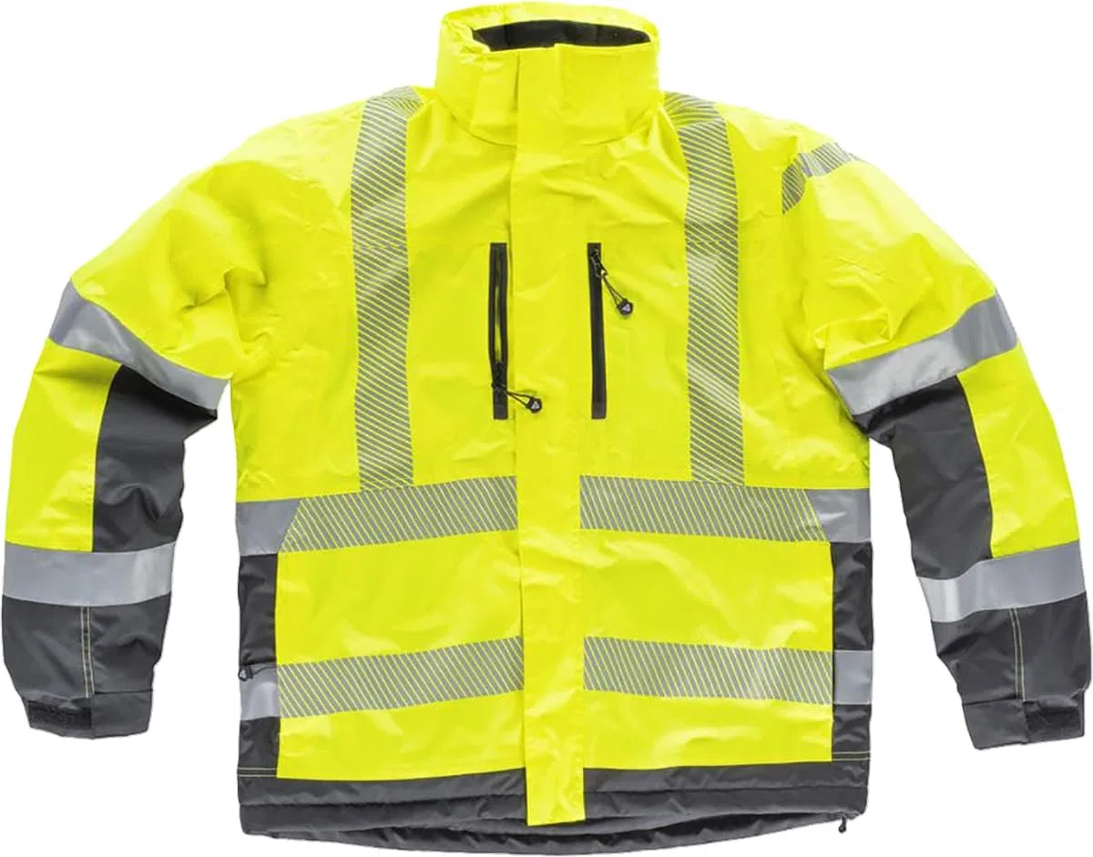 WORKTEAM Parka Acolchada Alta Visibilidad, Cintas Reflectantes Segmentadas, Cuello Alto con Capucha Ajustable, impermeable Clase 2, Unisex