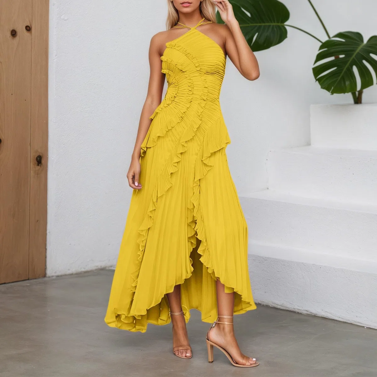 Generisch Vestido sin mangas para mujer con banda en el cuello, monocolor, vestido de gasa, elegante vestido largo con ribete de volantes, diseño envolvente, abertura lateral, moderno, vestido de