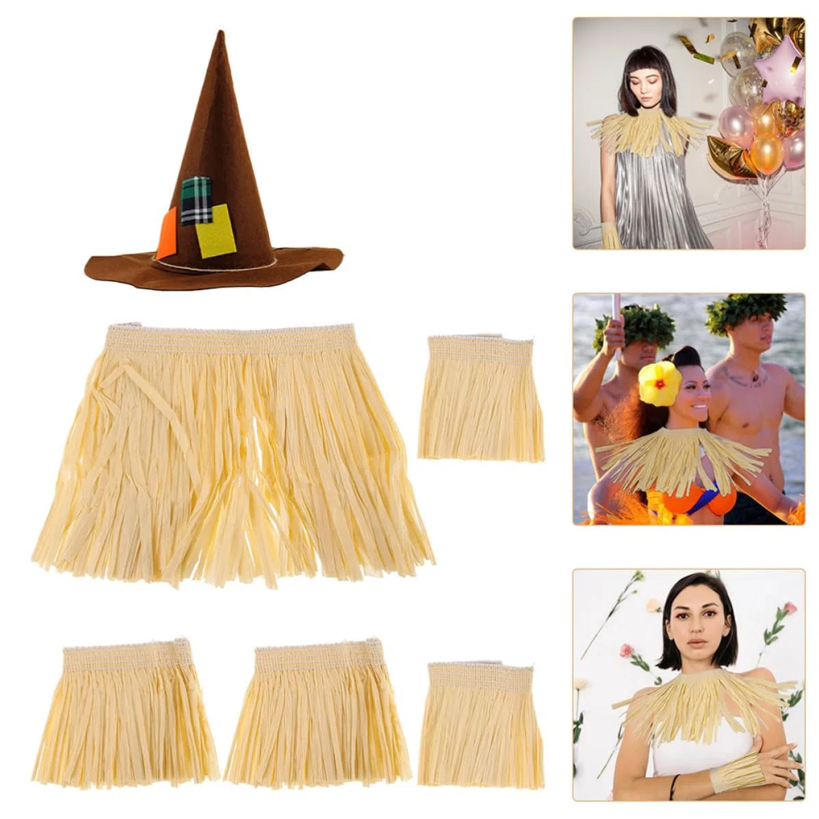 SOLUSTRE 3 Juegos Conjunto de Falda Hula Hawaiana de Rafia para Celebracion Verano Accesorios para Fiesta y Decoración Temática de Verano en Jardín