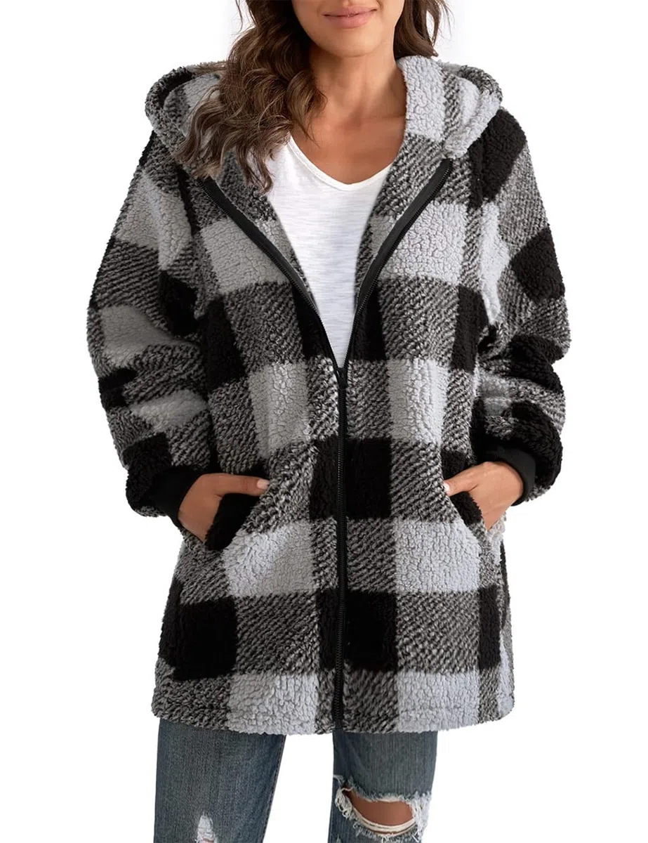 ABINGOO Sudadera con Capucha Mujer Polar Invierno Chaqueta con Bolsillos | Oversize Hoodies Cálida Cremallera Jersey Cálido Abrigos a Cuadros Sueltos