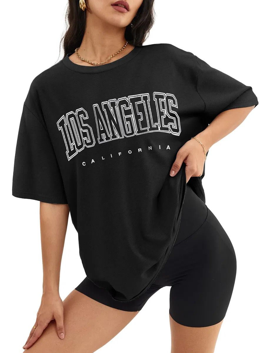 ATHMILE Camisetas de gran tamaño para mujer, ajuste holgado, cuello redondo, manga corta, blusa casual de verano Y2K 2025, camiseta básica de playa