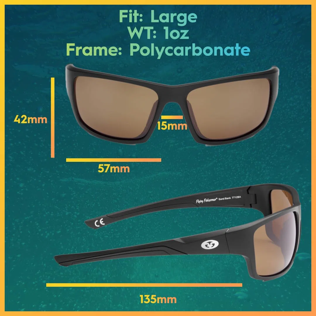 Flying Fisherman Gafas de sol polarizadas Sand Bank, protección UV para pesca, navegación y deportes al aire libre, Montura: negro mate/lente: ámbar, Medium