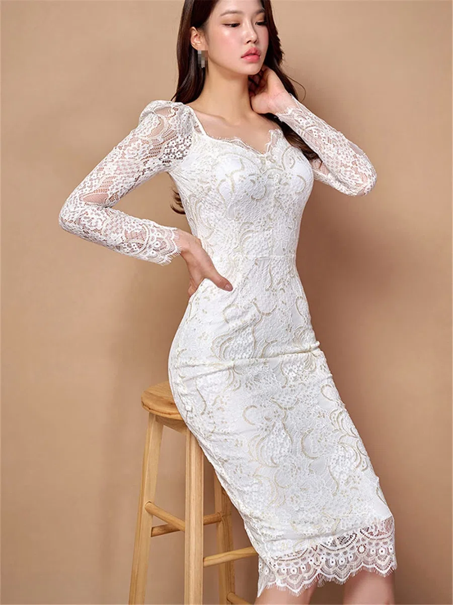 Dninmim Vestido de manga abombada con cuello en V para mujer, con encaje y cintura alta, para primavera, verano, falda de lápiz para fiesta