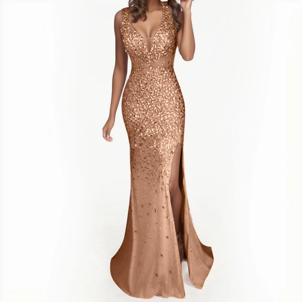 Vestido de noche largo para mujer, vestido de lentejuelas con hendidura, vestido de purpurina, sexy, cuello en V, lentejuelas, vestido de noche, elegante para boda, vestido de dama de honor