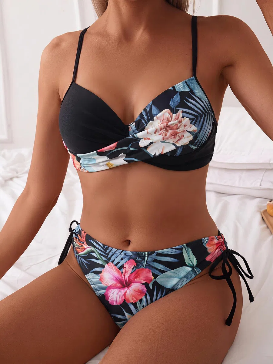 GORGLITTER Conjunto de bikini push up para mujer, traje de baño de dos piezas, ropa de playa tropical, conjunto de traje de baño de verano de 2 piezas con patrón