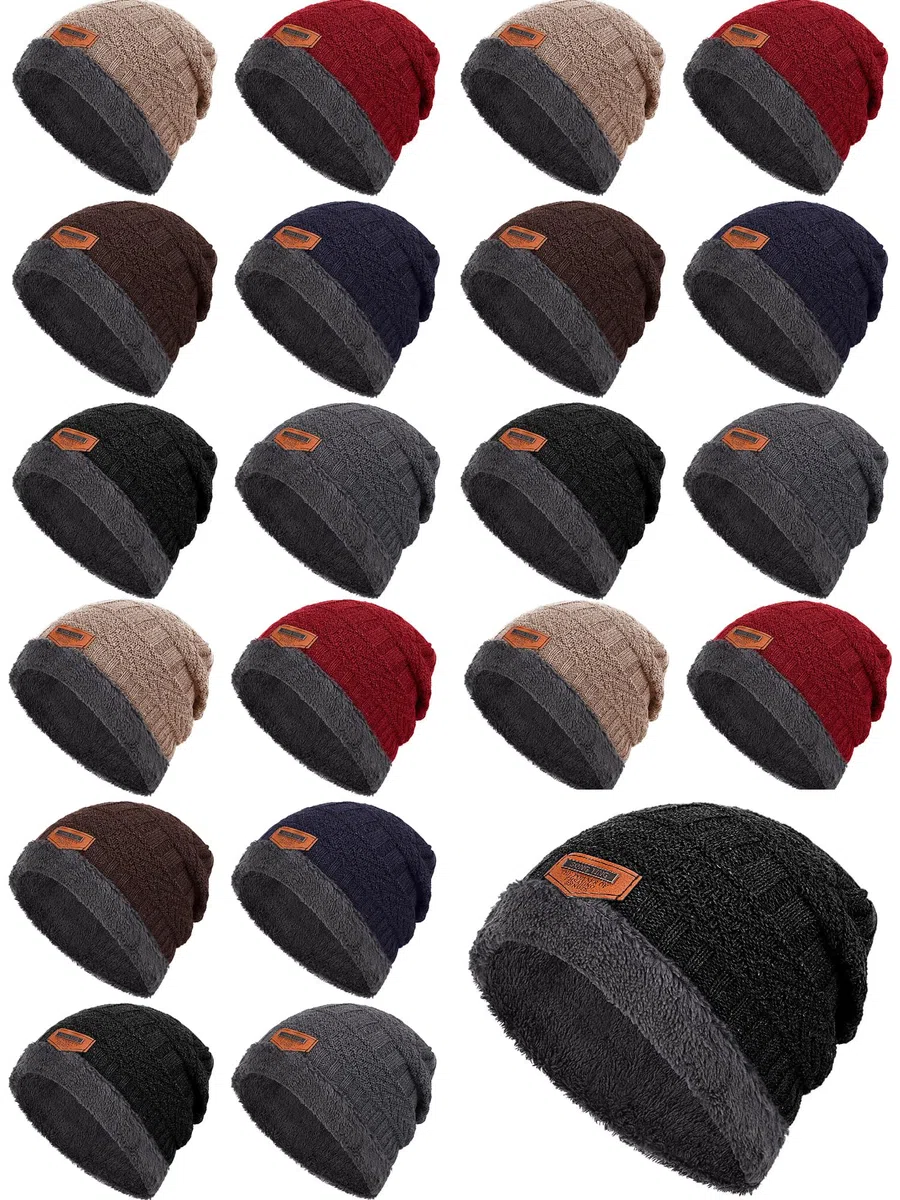 Kigeli 24 gorros de invierno holgados a granel para donaciones sin hogar, gorro cálido interior de forro polar para hombre, gorro de punto grueso al por mayor, Negro, azul marino, rojo, gris, café,