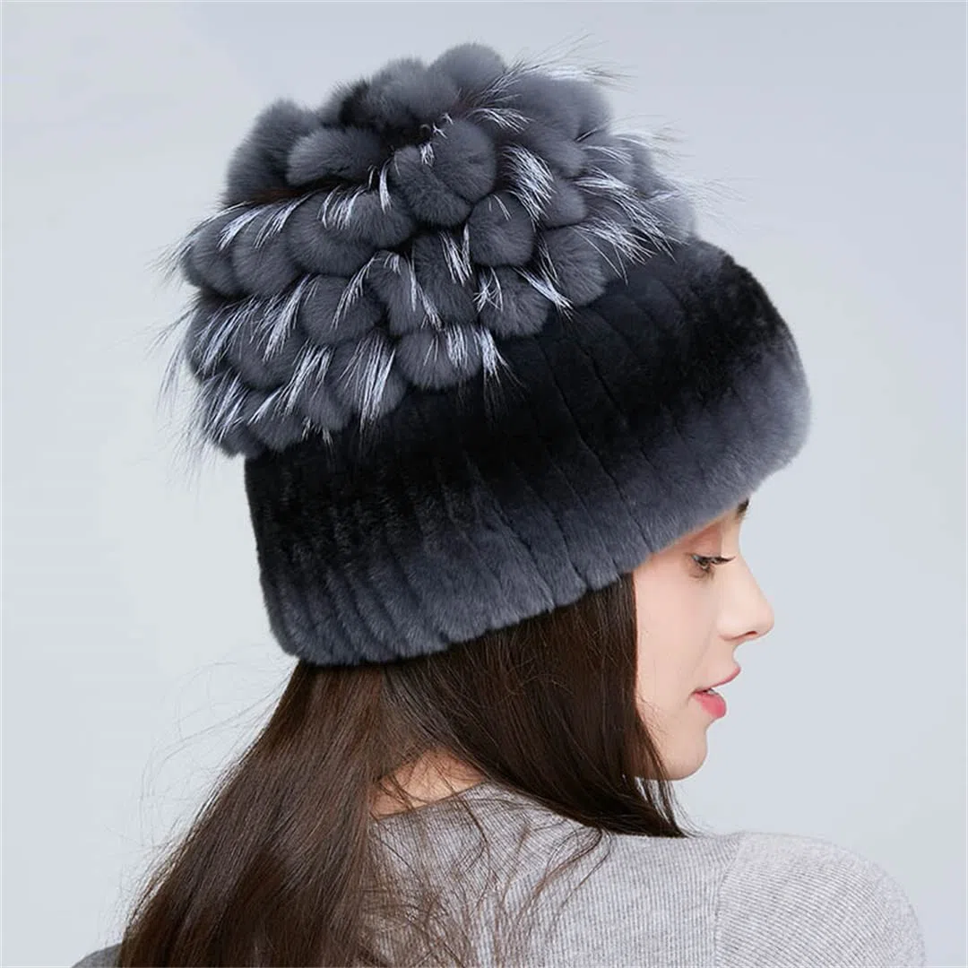Sombreros de Piel de Mujer para Invierno Gorro de Piel de Conejo Natural Moda Femenina Gorros Gruesos y cálidos Gorros 108 52-58 Cm