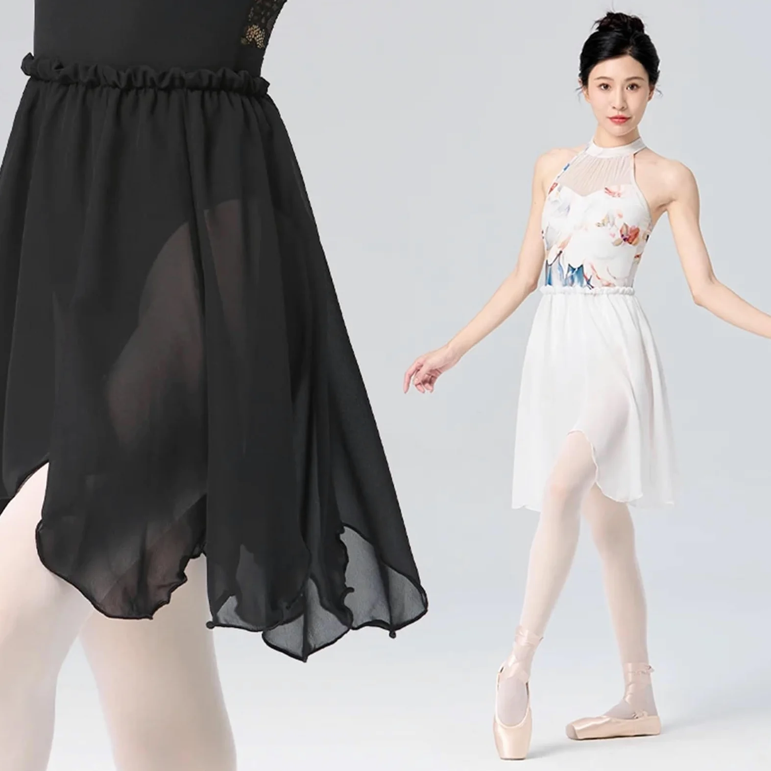 Faldas de Ballet for Mujer, Cintura elástica, Color Blanco y Negro, pétalos, Longitud Media, Falda Gasa, tutú Bailarina
