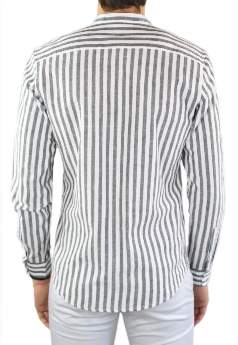 Camisa de lino para hombre Coreana a rayas negras de 100% lino Slim Fit elegante de manga larga a rayas