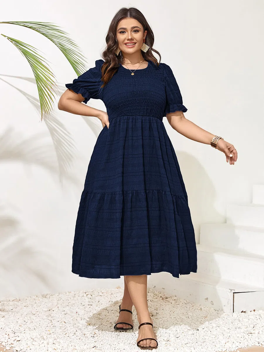 SCOMCHIC Vestidos de Verano para Mujer, Talla Grande, Casual, Manga Corta, Cuello Redondo, Fruncido, con Volantes, Bohemio, para Fiesta, Azul Marino, XXL Más
