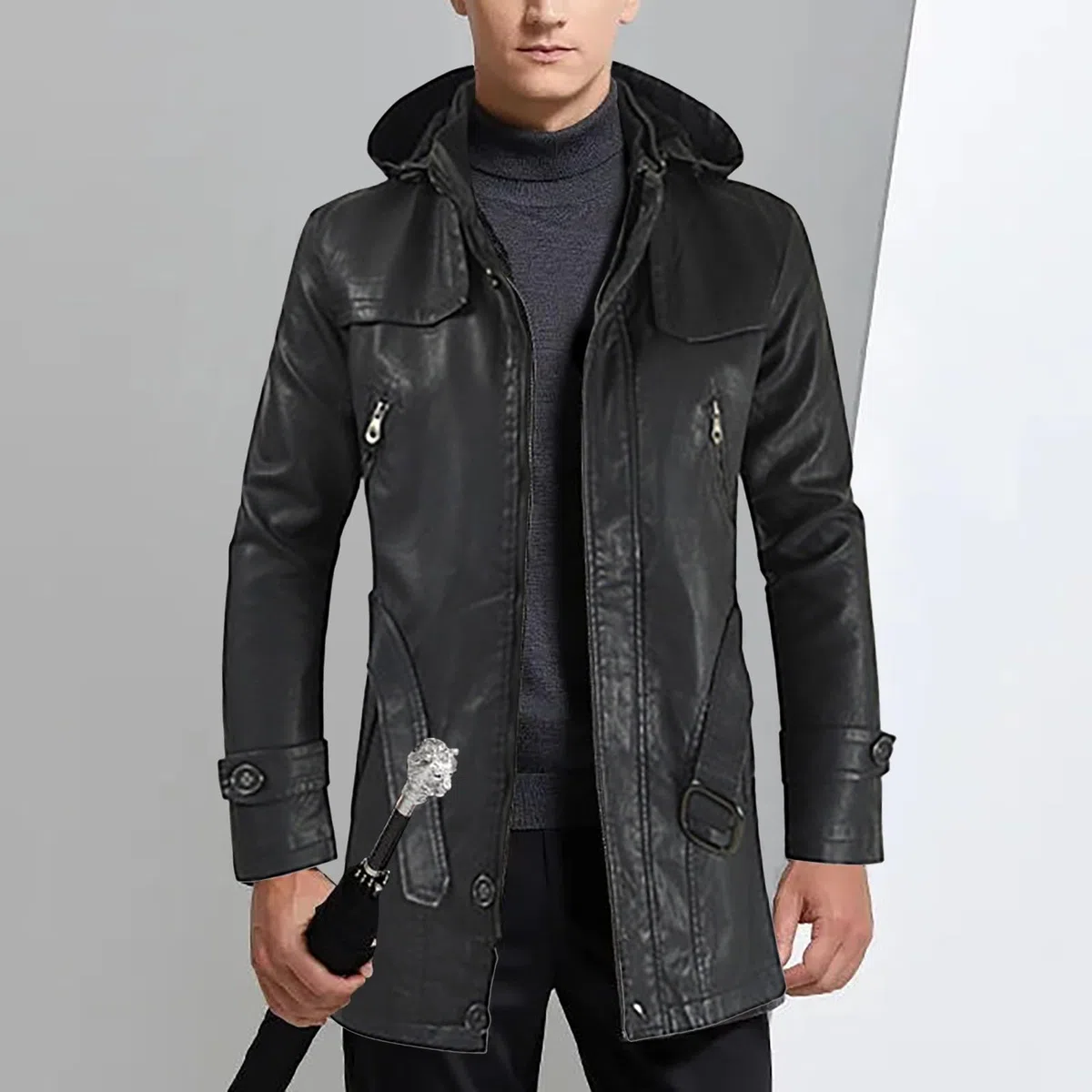 Chaqueta de cuero para hombre, abrigo largo de 3/4 de largo con capucha desmontable, chaqueta parka larga negra, gabardina negra para hombre, abrigo con capucha de safari resistente al viento, abrigo