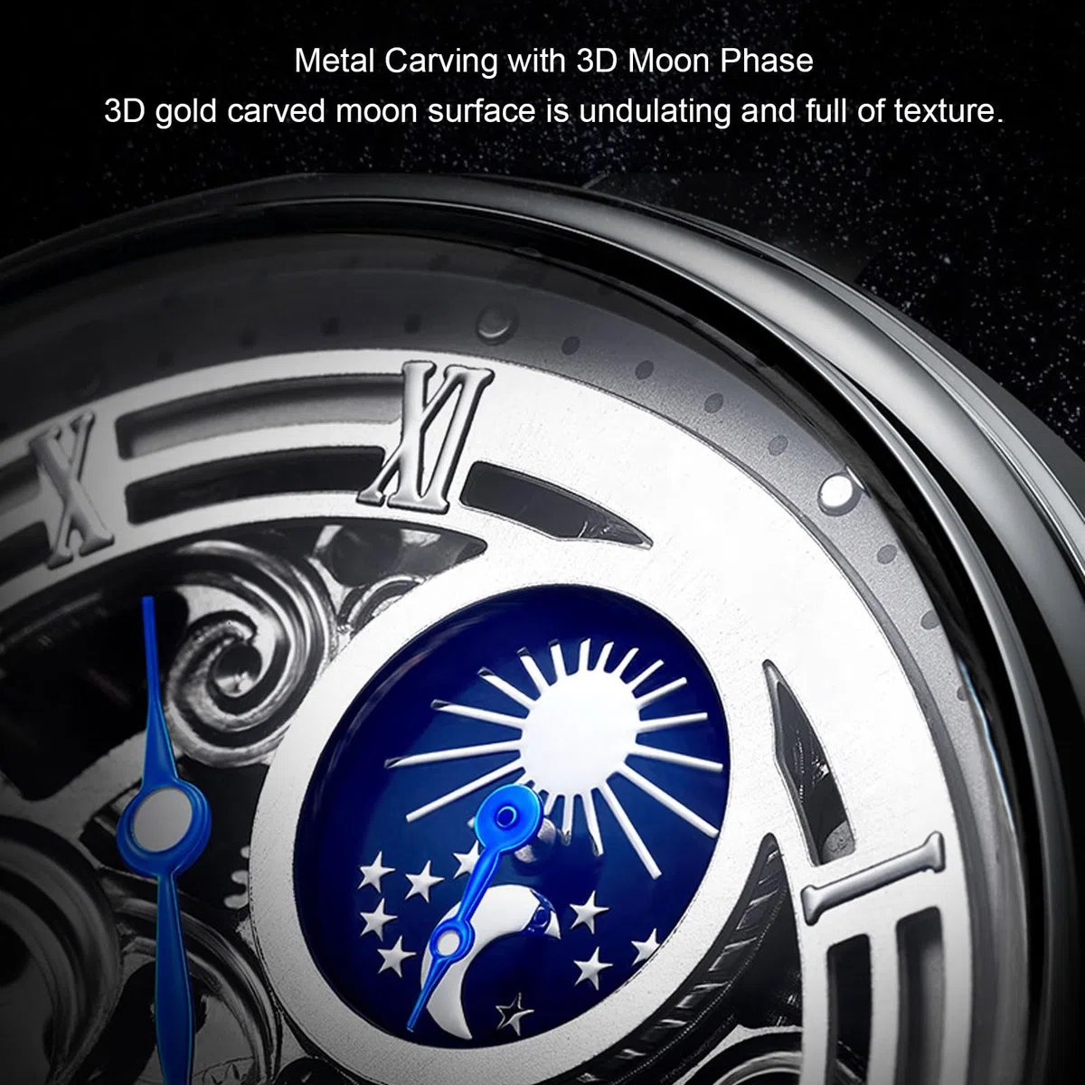 Reloj Automático Esqueleto de Lujo para Hombre con Fase Lunar Tourbillon, Reloj de Pulsera Mecánico