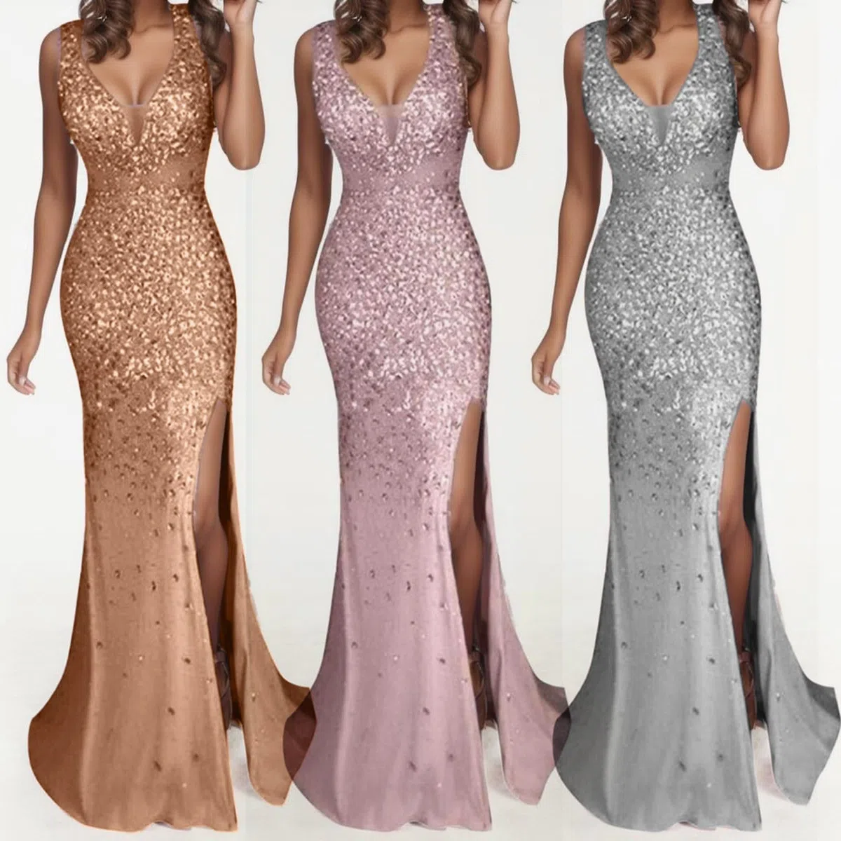 Vestido de noche largo para mujer, vestido de lentejuelas con hendidura, vestido de purpurina, sexy, cuello en V, lentejuelas, vestido de noche, elegante para boda, vestido de dama de honor