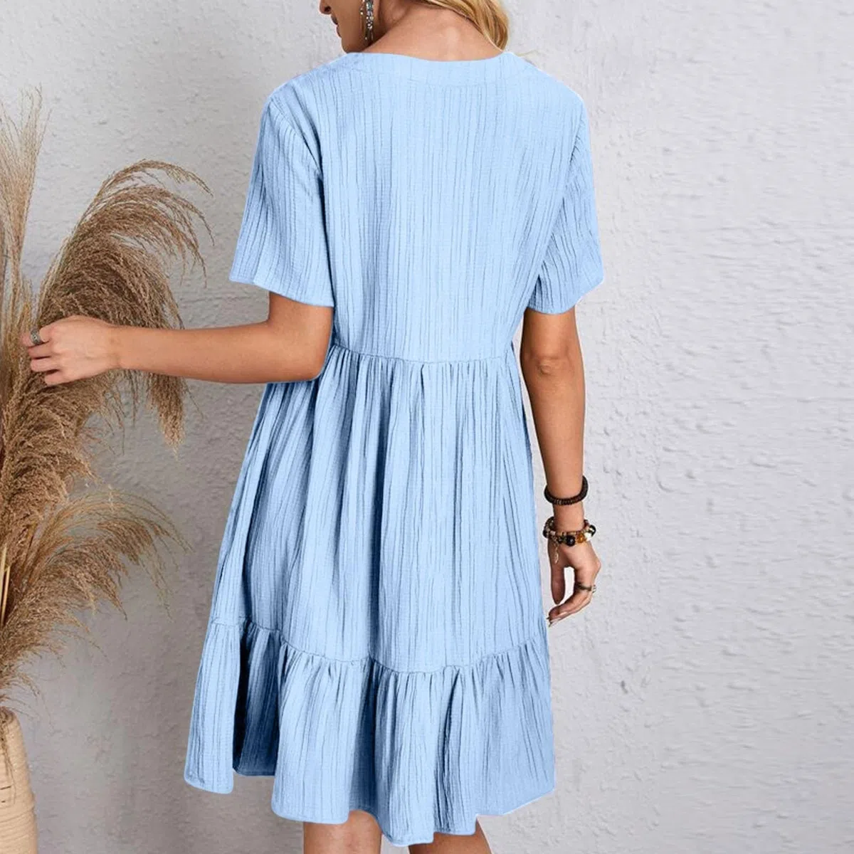 Vestido de muselina para mujer, de verano, de lino, largo hasta la rodilla, con cuello en V, camiseta, vestido de manga corta, vestido de casa, elegante, sencillo, informal, suelto, con volantes