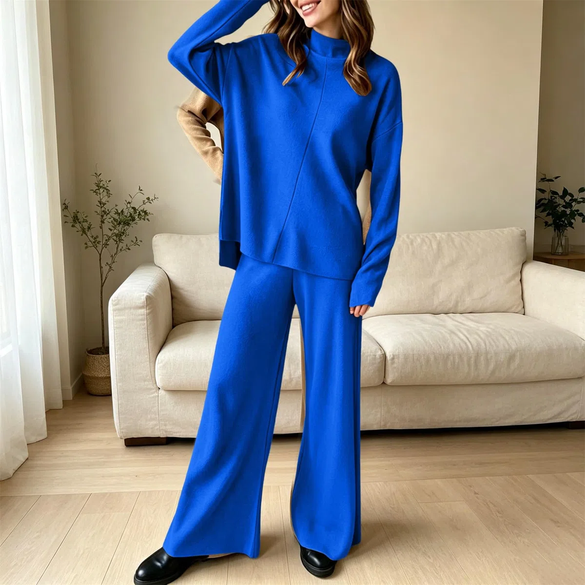 Conjunto de punto para mujer de dos piezas, elegante, 2 piezas, pantalones
