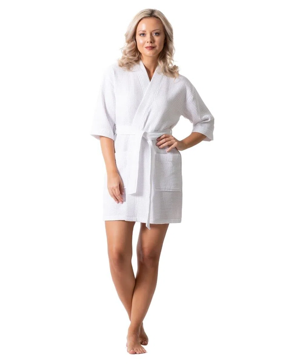 De la Mujer Longitud de la rodilla Waffle Weave albornoz de Kimono, corto Spa Túnica