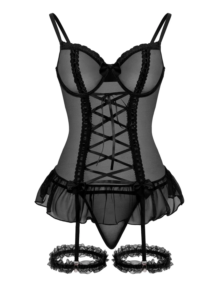 GXNRHG Corsé de Malla Sexy con Volantes y Encaje con Aros, Liguero Transparente, picardías, Conjunto de lencería con Tanga, 3 Piezas