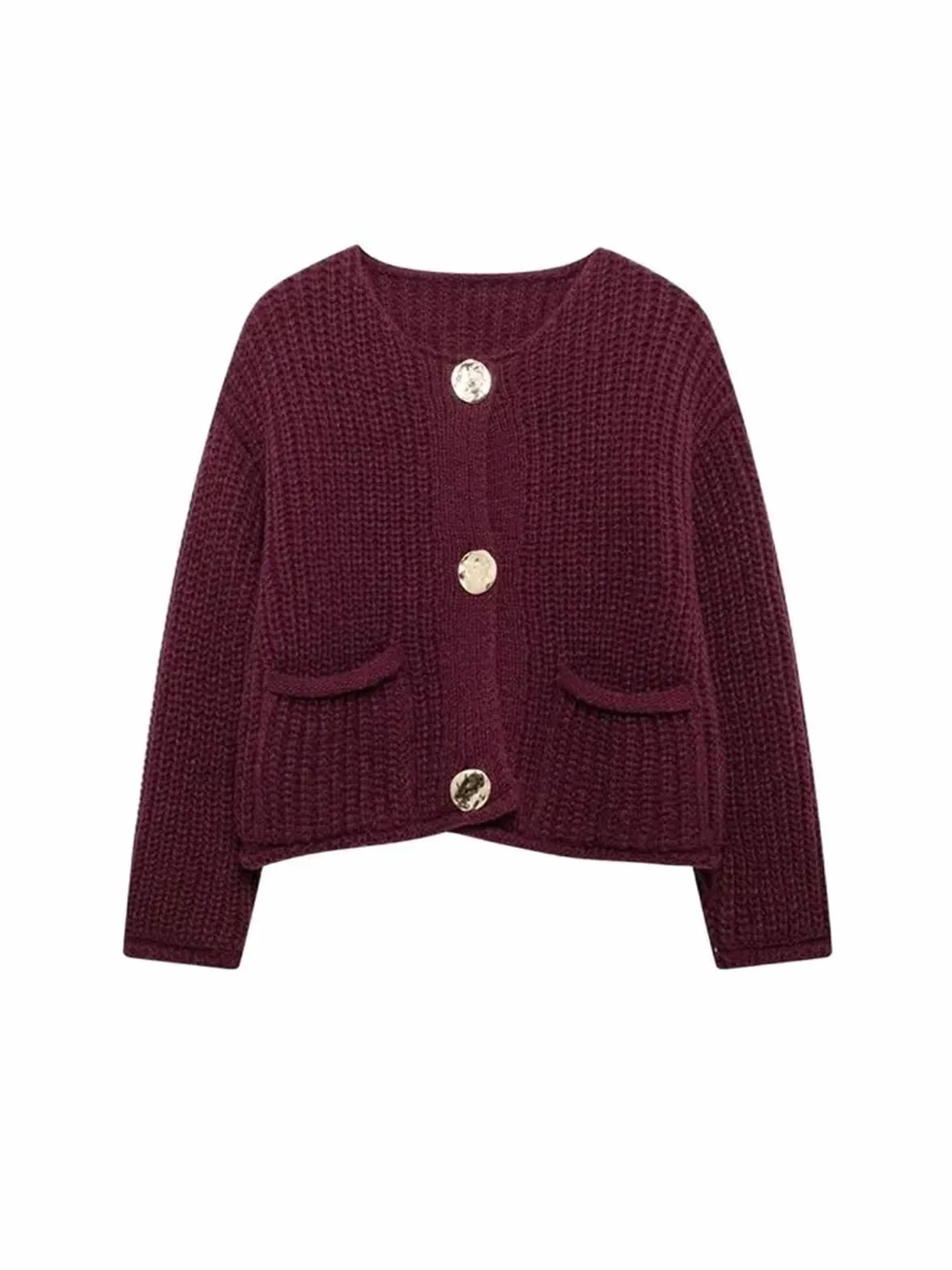 Cardigan Mujer Suéter de Punto Manga Larga for Mujer, Botones Dorados, Bolsillos Parche Delanteros, Cuello Redondo, Prenda Exterior Femenina