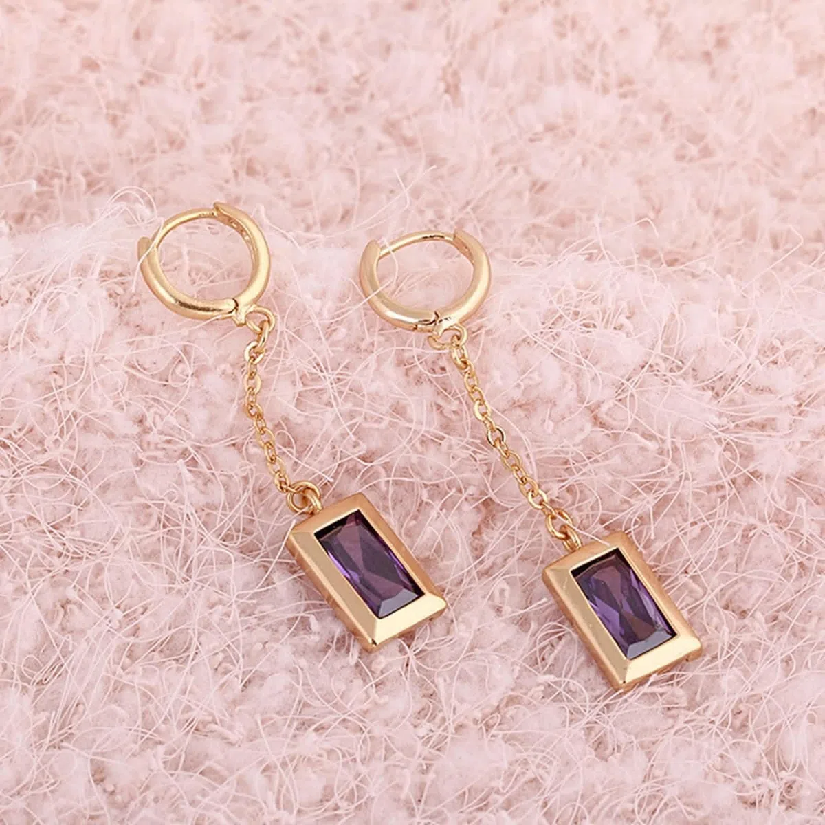 Pendientes de aro de oro amarillo Au585 de 14 quilates, para mujer, amatista morada, corte rectangular, oro de 14 quilates, pendientes pequeños de oro real