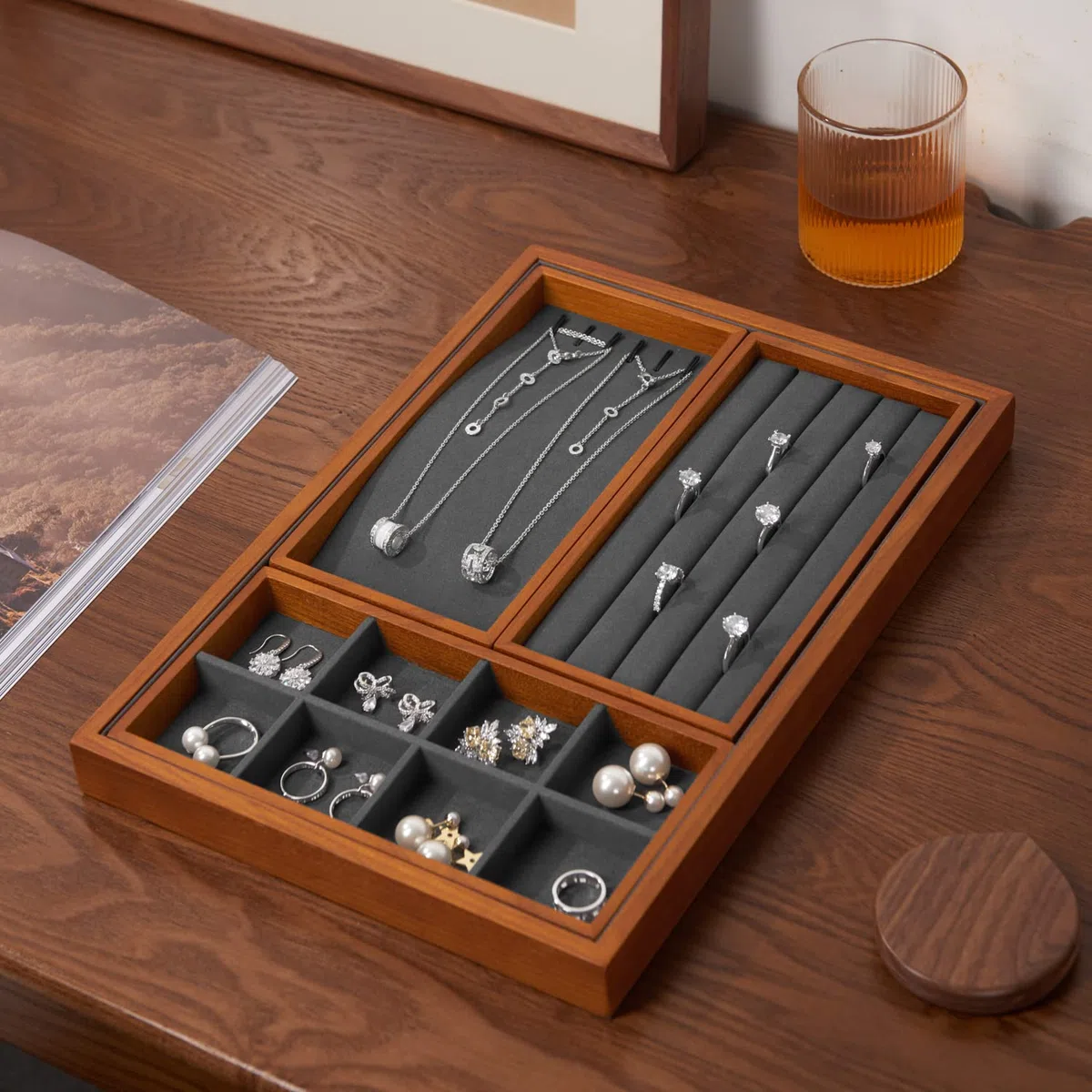 Oirlv Bandeja Apilable 4 En1 De Madera,Para Joyas, | Anillos, Pendientes,Pulseras,Collares Organizadores(Gris)