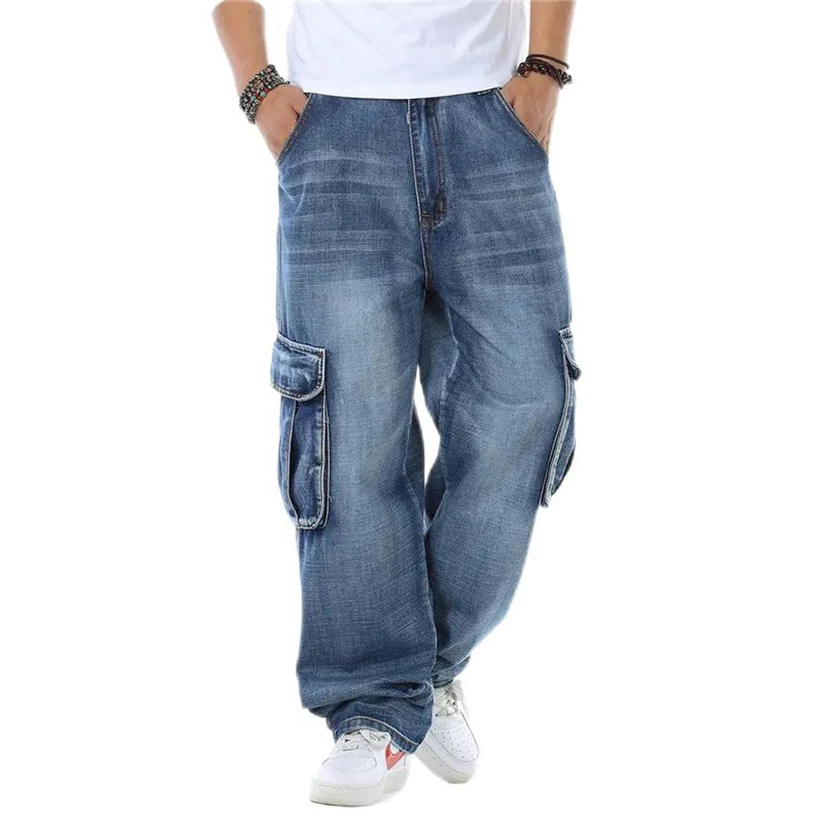 Jeans para Hombres Pantalones Cargo De Mezclilla Rectos para Hombres Jeans De Motorista Vaqueros Holgados De Color Azul Suelto para Hombres con Bolsillo Lateral-Azul-34