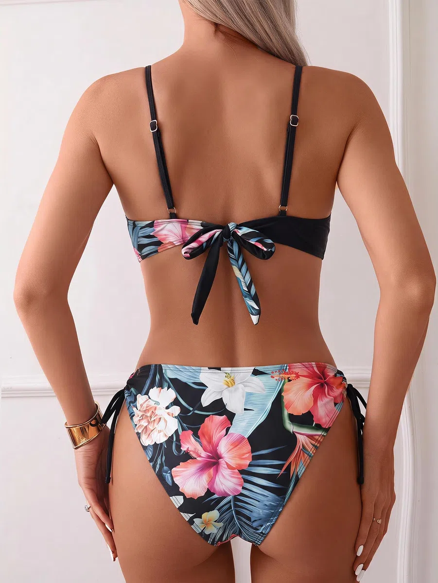 GORGLITTER Conjunto de bikini push up para mujer, traje de baño de dos piezas, ropa de playa tropical, conjunto de traje de baño de verano de 2 piezas con patrón
