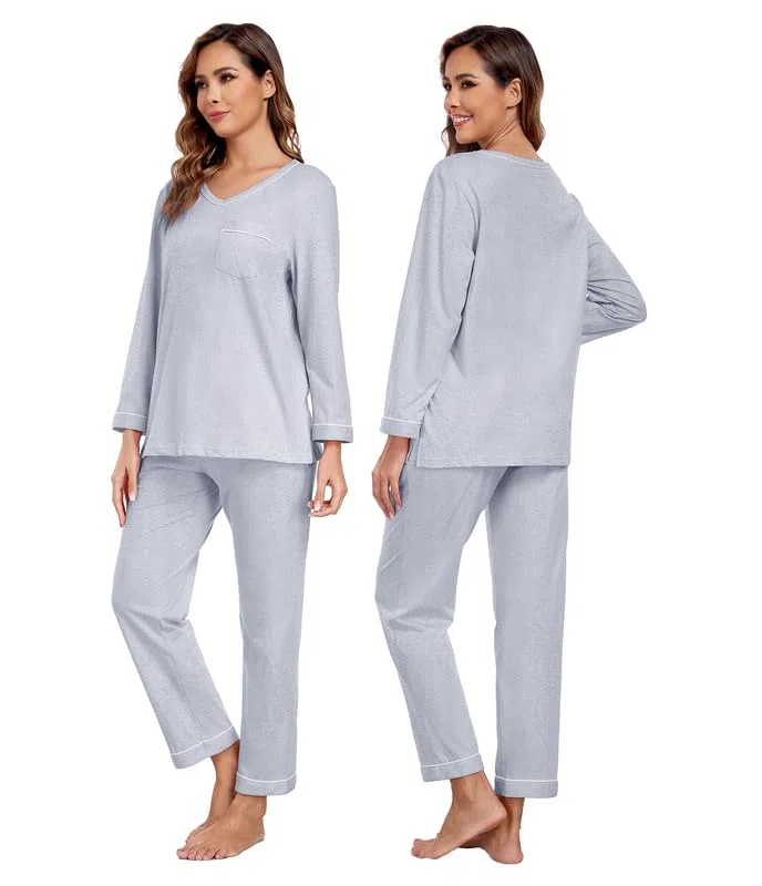 COLORFULLEAF Pijama para mujer 100% algodón largo pijama conjunto dos piezas otoño invierno pijamas manga larga traje de casa, gris, XL