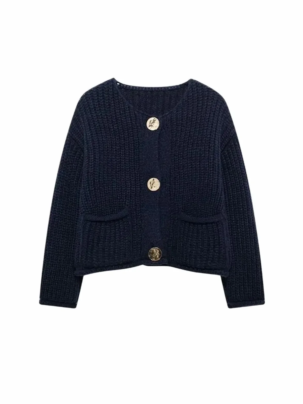 Cardigan Mujer Suéter de Punto Manga Larga for Mujer, Botones Dorados, Bolsillos Parche Delanteros, Cuello Redondo, Prenda Exterior Femenina