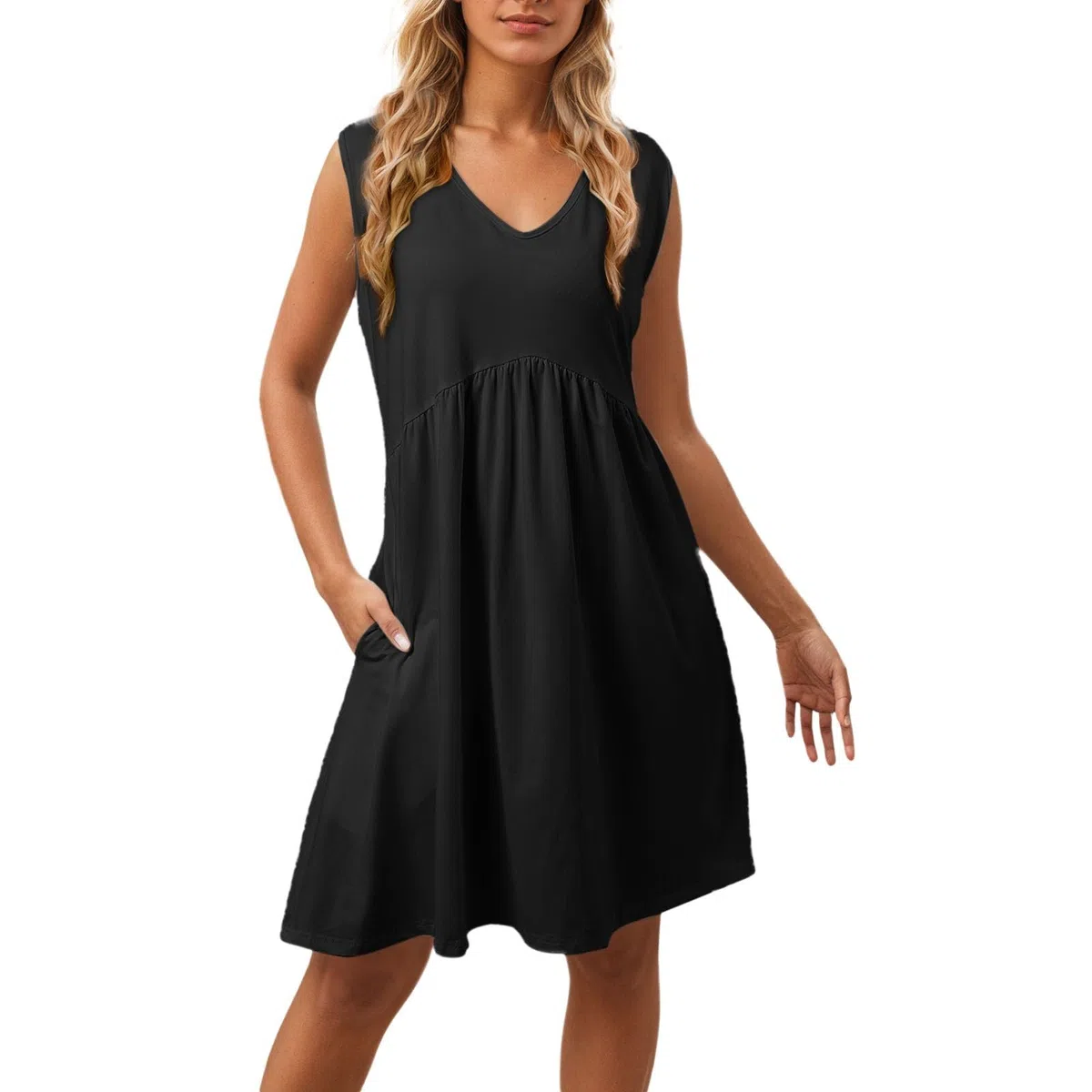 Vestido casual de verano para mujer, cuello en V, sin mangas, bolsillos laterales, cómodo diario, color sólido, midi fluido para salidas