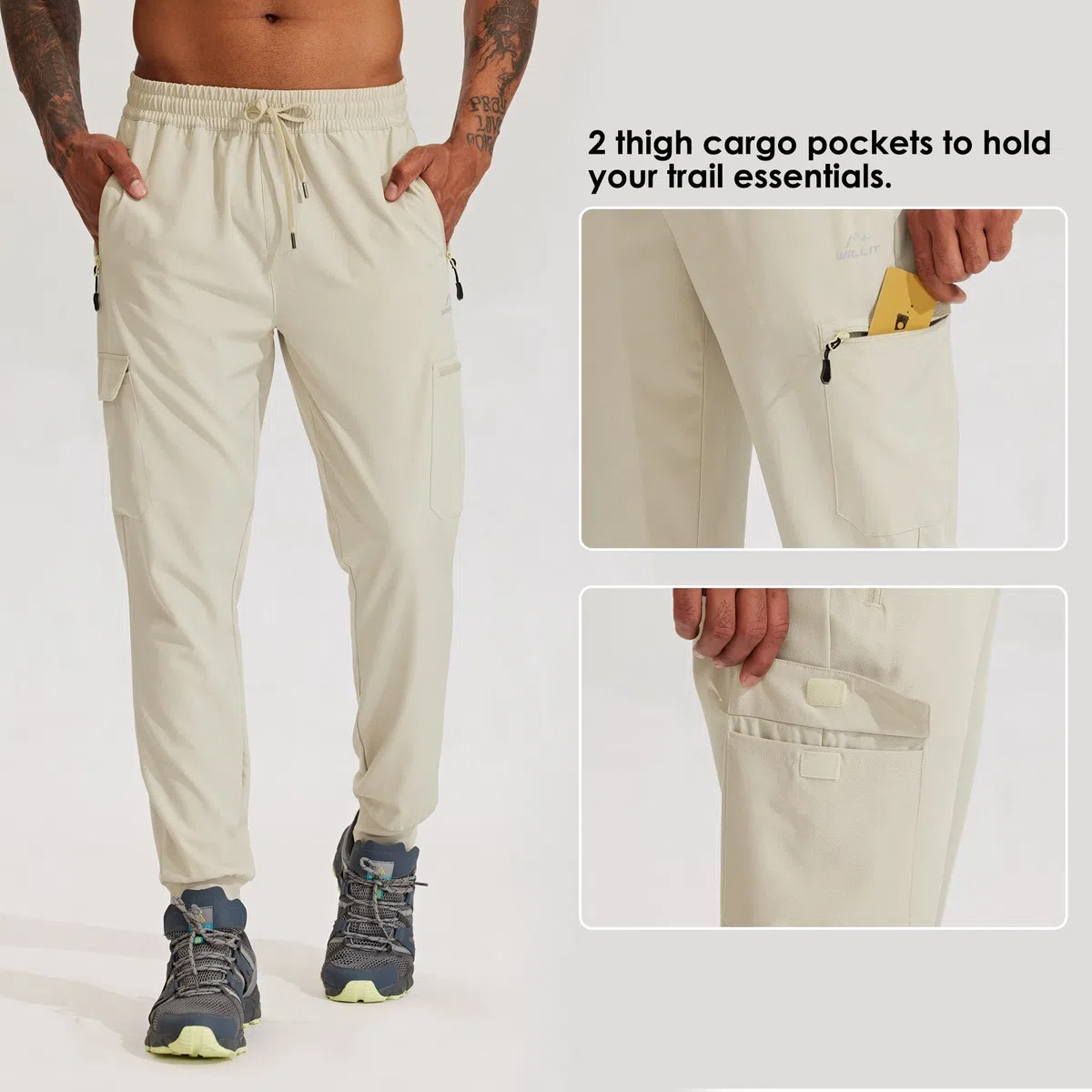 Willit Pantalones deportivos de senderismo para hombre, ligeros, de secado rápido, con bolsillos con cremallera