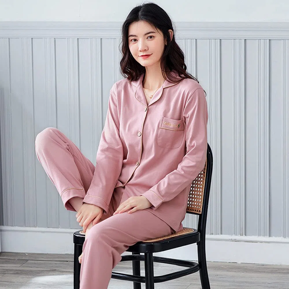 Manga Larga Pijama De Mujer De Dos Piezas,Conjunto De Pijamas Para Mujer, Cuello De Muesca, Manga Larga, Con Botones, Pijamas De Algodón Rosa Polvoriento, Pijamas De Otoño Invierno Para Mujer, Reg