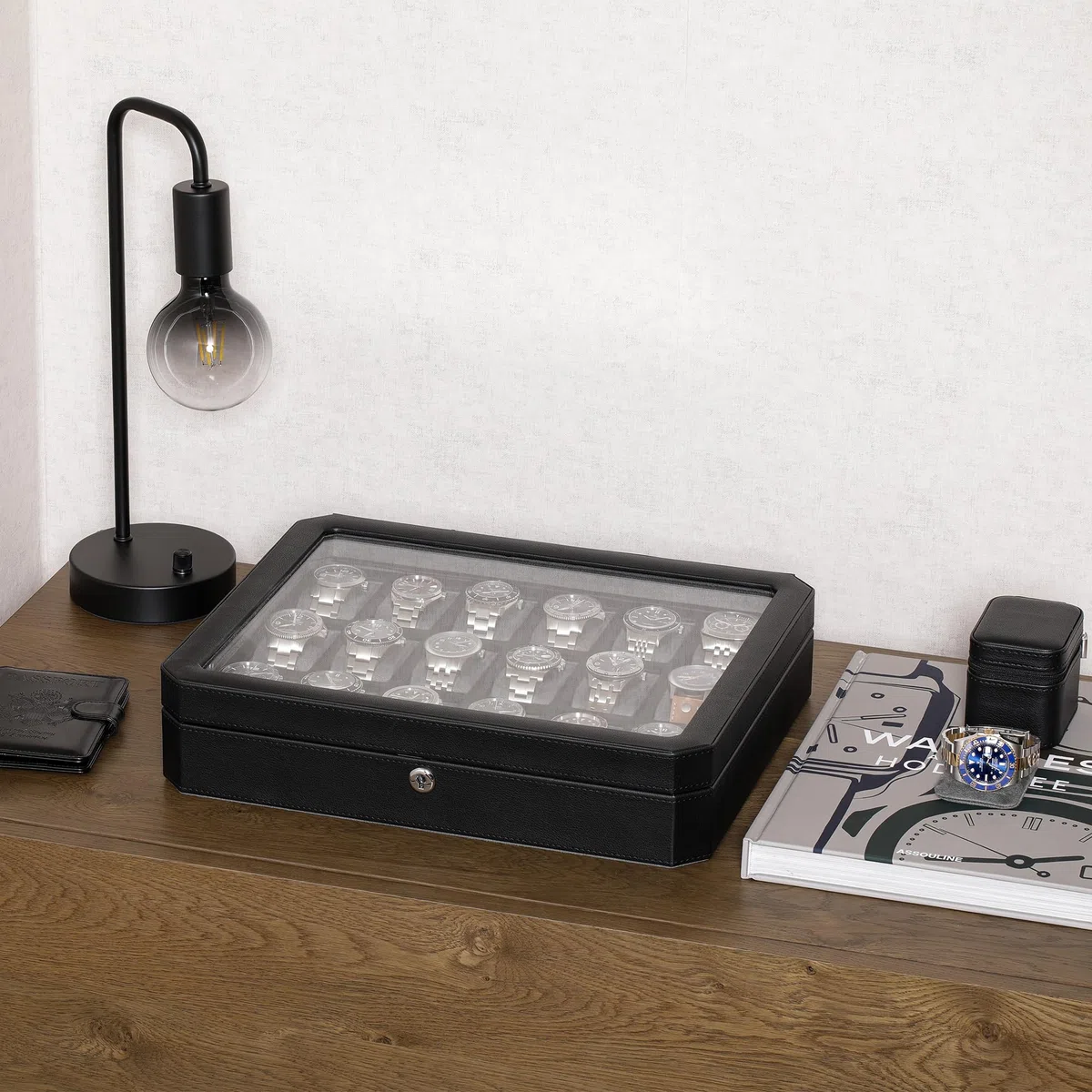 ROTHWELL Caja de Reloj de Cuero con 12 Ranuras para Hombres - Organizador de exhibición de Caja de Reloj de Lujo, Soporte para Cajas de Almacenamiento para Hombres, Tapa de Vidrio Grande