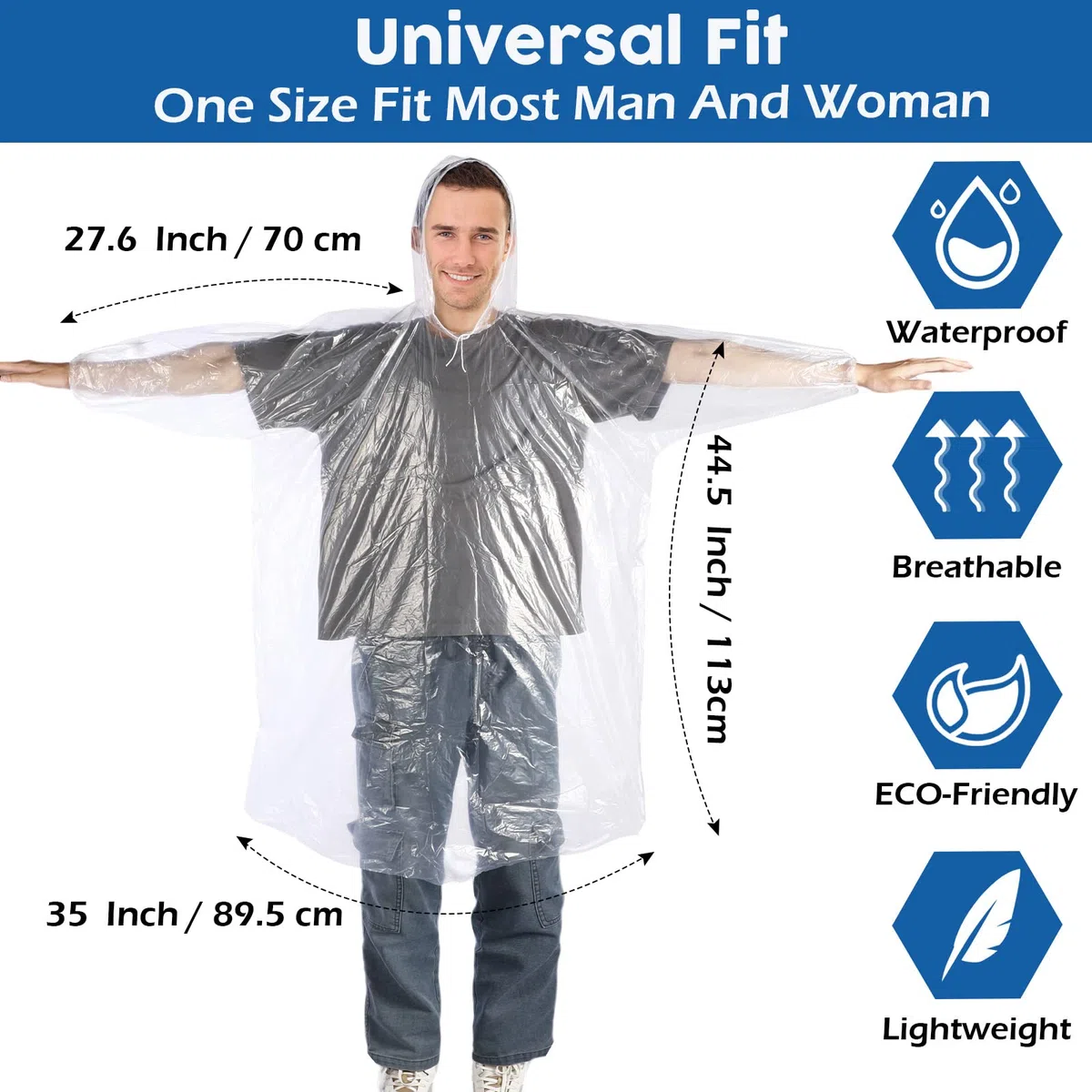 Berlune 50 ponchos de lluvia desechables para adultos, ponchos desechables gruesos a granel con capucha, ponchos de emergencia para acampar parque temático, transparente