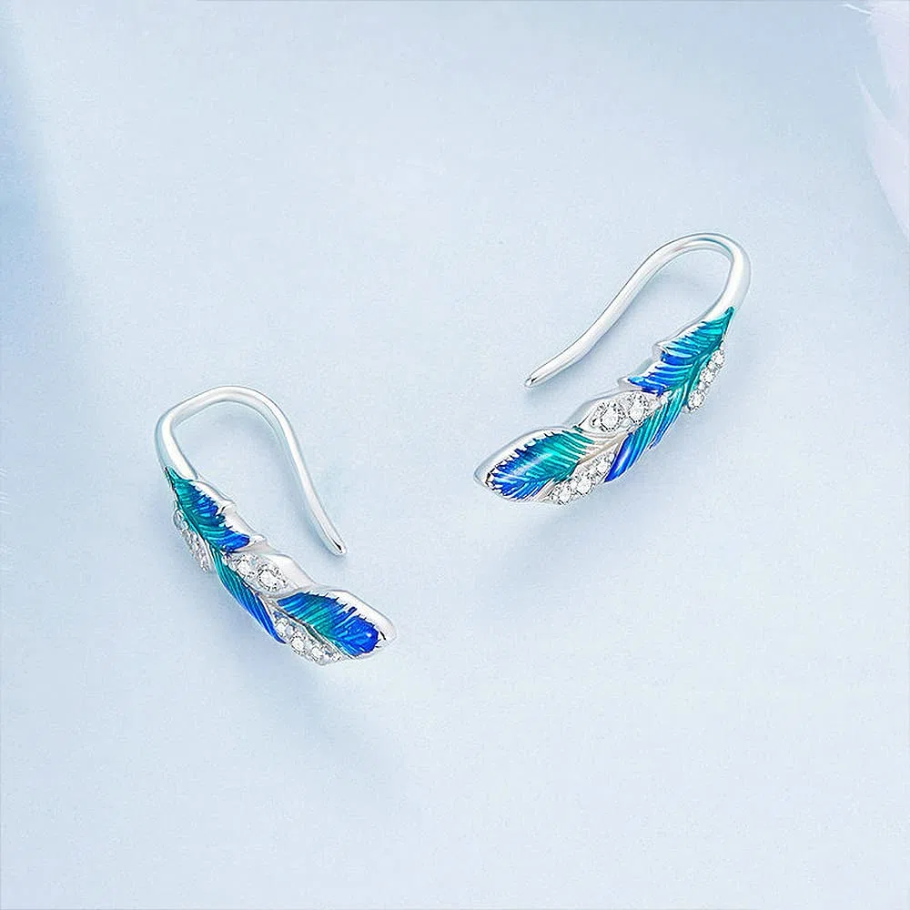 Juego de joyas de plata de ley 925 con diseño de plumas bohemias, esmalte azul, anillo de plumas y aretes de plumas para mujer