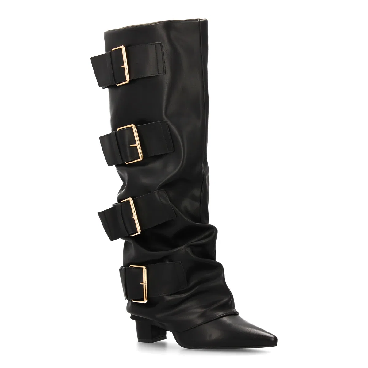 Botas Altas para Mujer con Hebillas y Efecto de Forro. Punta Fina y Tacon Comodo, Estilo Moderno y Elegante, Ideal para la Temporada Otono Invierno.