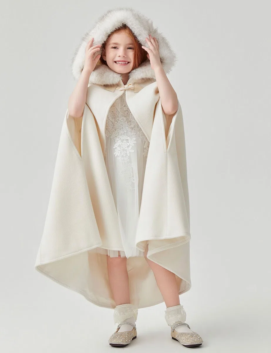 BEAUTELICATE Capa con Capucha Infantil para Niña Ideal para Bodas Fiestas de Invierno Navidad y Cospaly Disfraces Disponible de 2 a 16 Años,Marfil