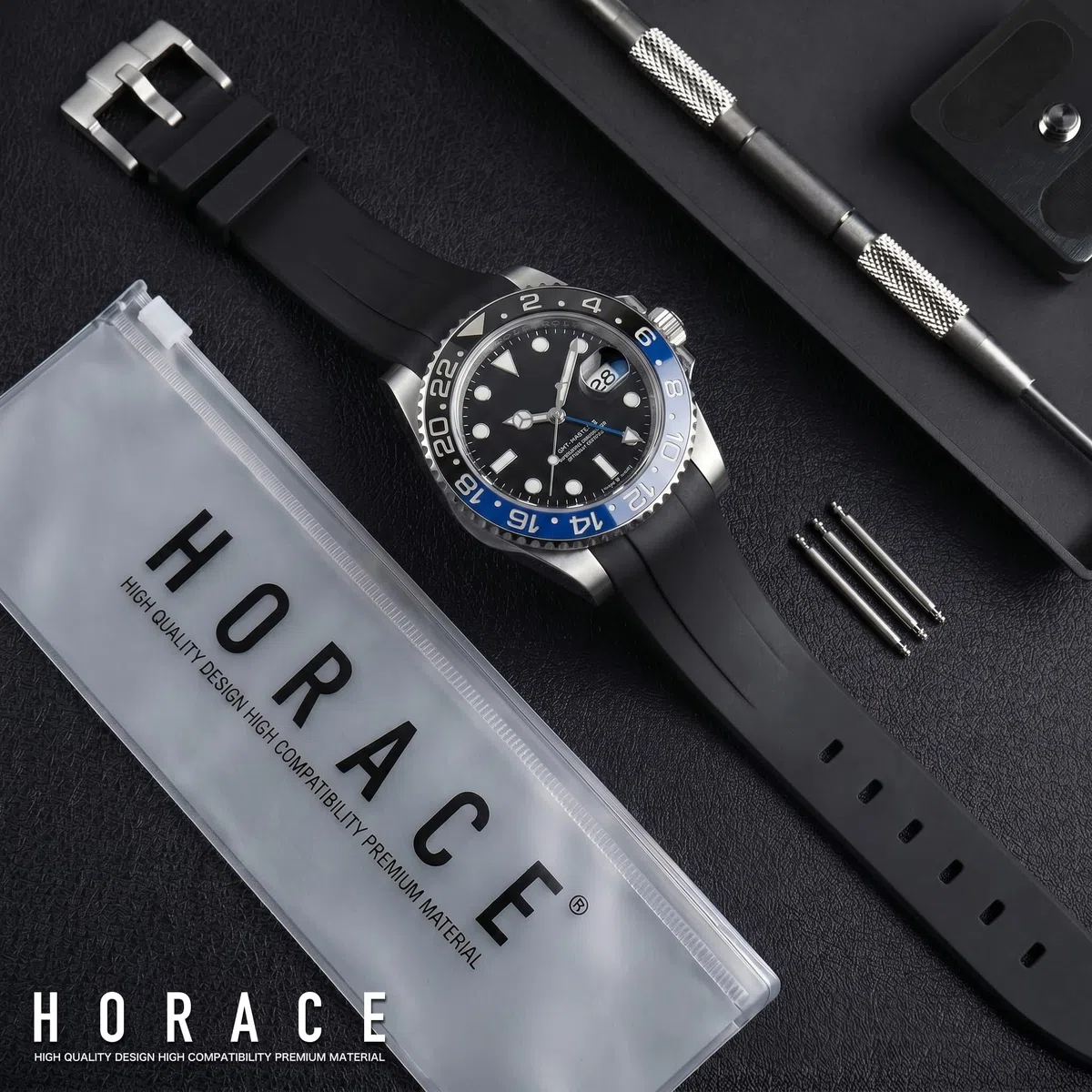 HORACE Correa de Reloj 20 mm en Caucho FKM Premium – Flexible, Impermeable y Duradera – Compatible con Rolex GMT Master 40mm