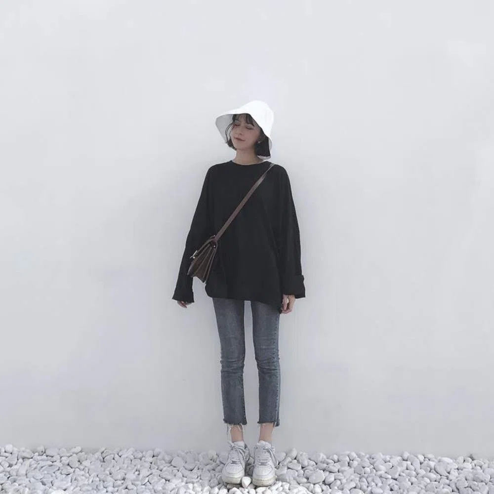 ZZAI Tops Divididos De Primavera Y Otoño - Camisetas De Manga Larga Finas Sueltas - Tops para Niñas,Black
