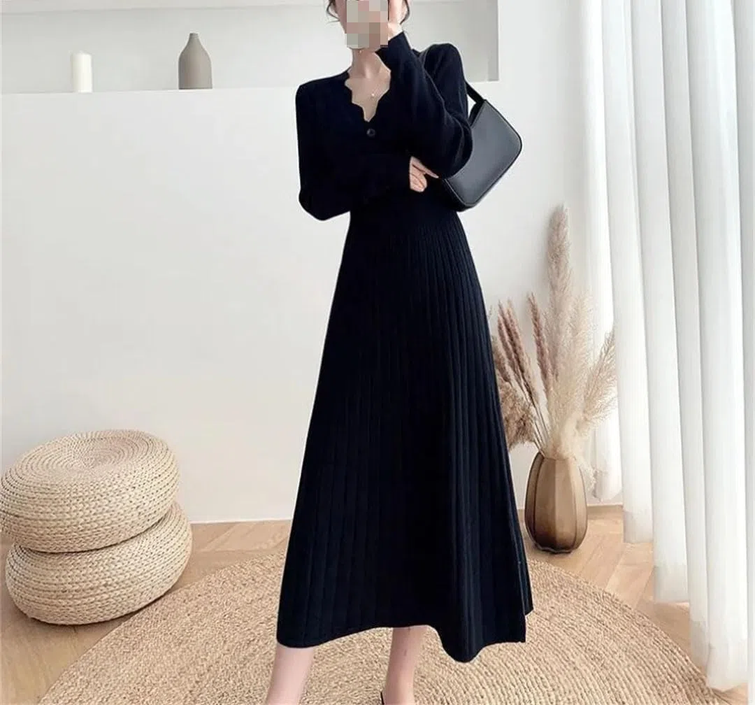 Vestido de punto para mujer para otoño e invierno, corte ajustado, manga larga, vestido de punto para fiesta, falda de lana.