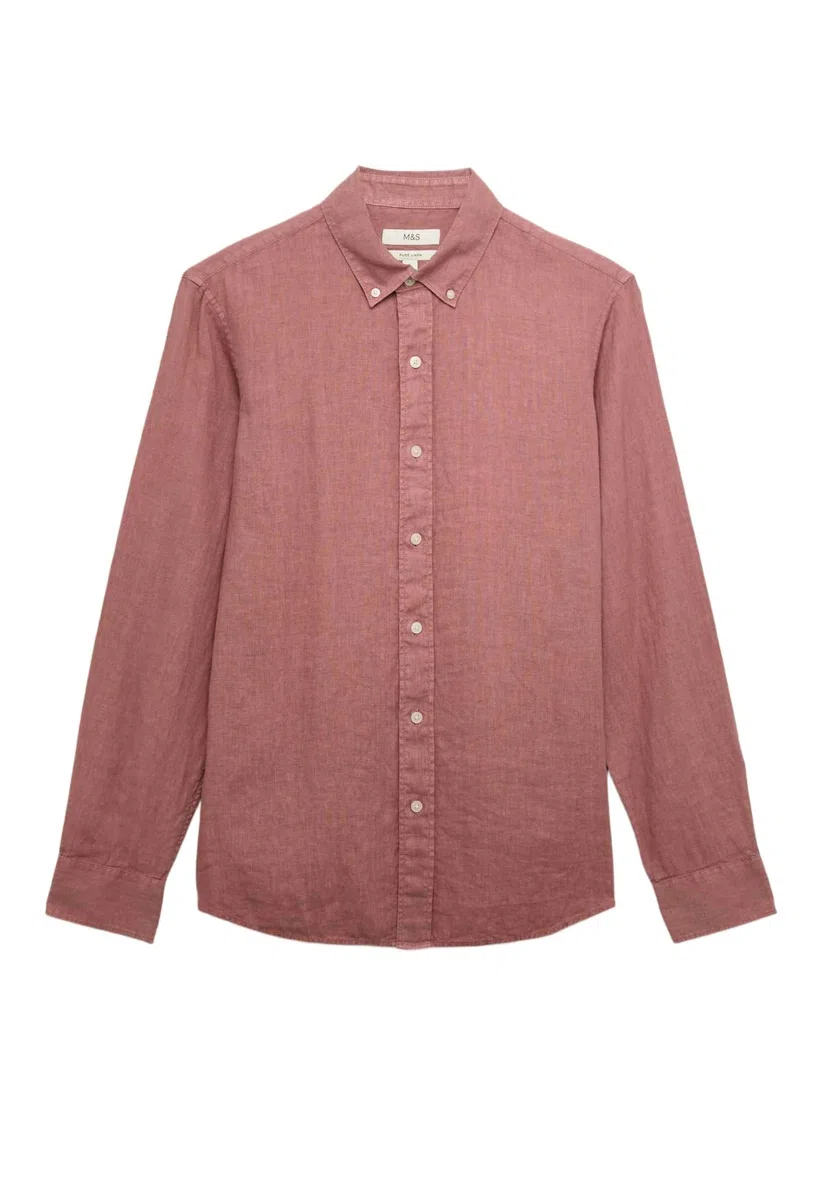 Marks & Spencer Camisa de Lino Puro Teñida en Prenda para Hombre, Ajuste Normal