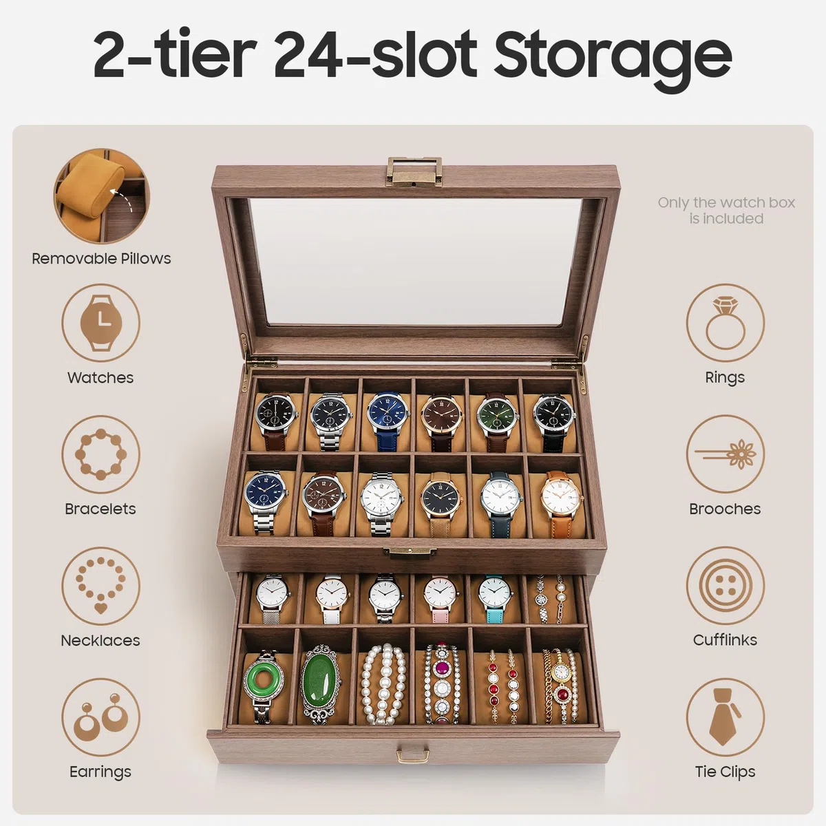 Caja de almacenamiento de relojes para hombre, dos compartimentos, 24 compartimentos, rectangular, 34 x 21 x 15 cm, 3,1 kg, para relojes, joyas y otros objetos de valor.