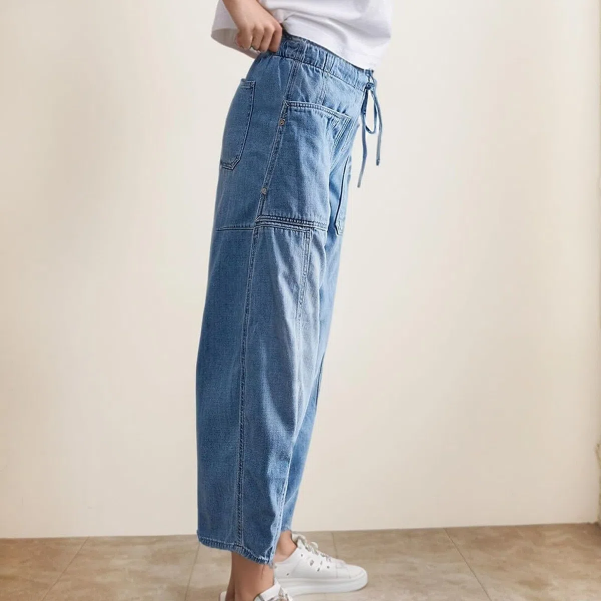 Pantalones vaqueros para mujer, cintura elástica, ajuste holgado, pantalones vaqueros con cordón, pantalones vaqueros 7/8 con bolsillos, pantalones vaqueros de cintura alta, pantalones casuales de