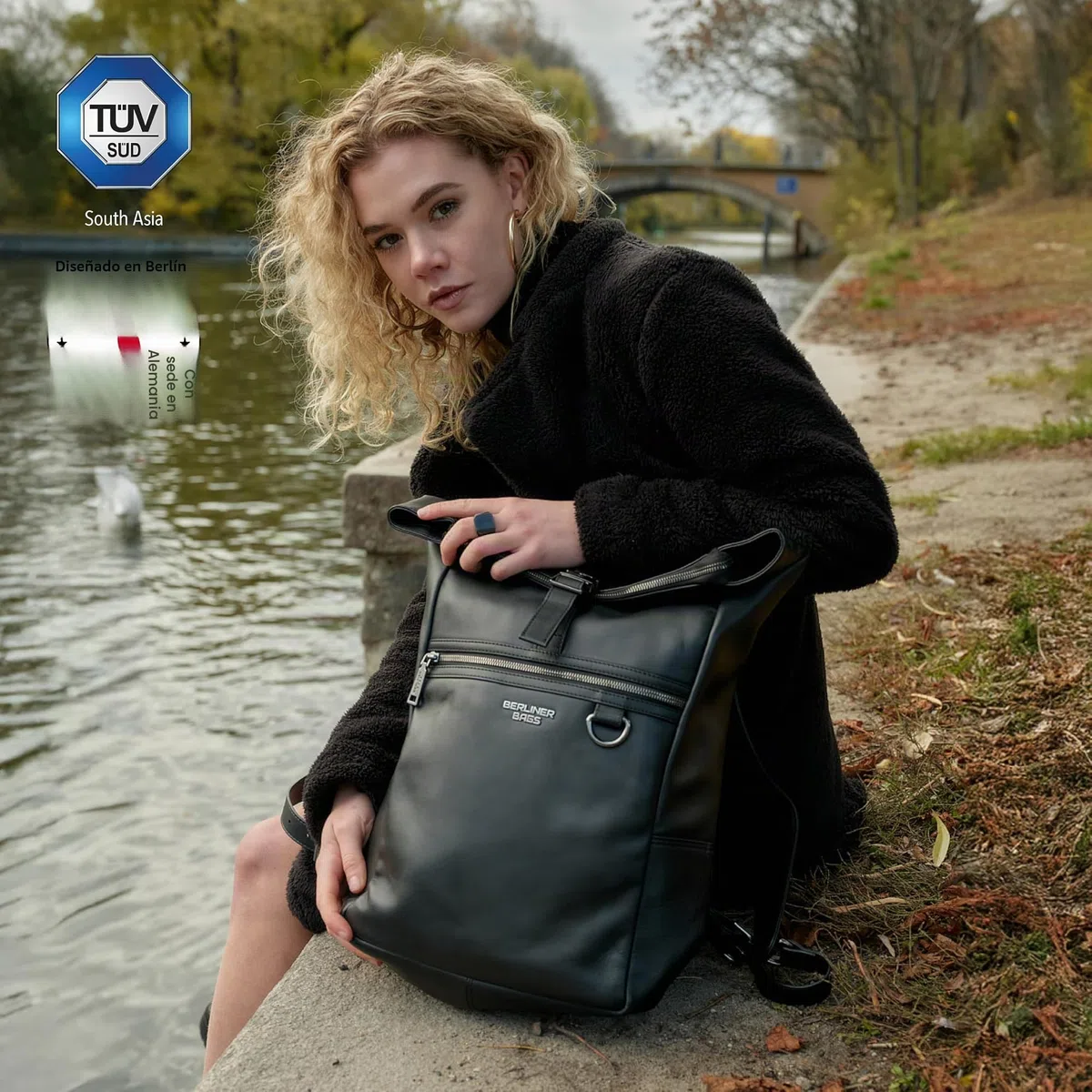 Berliner Bags Harlem Mochila de Piel Auténtica Impermeable con Diseño Rolltop y Funda para Portátil de 15”, Mochila Ejecutiva para Hombre y Mujer – Negro