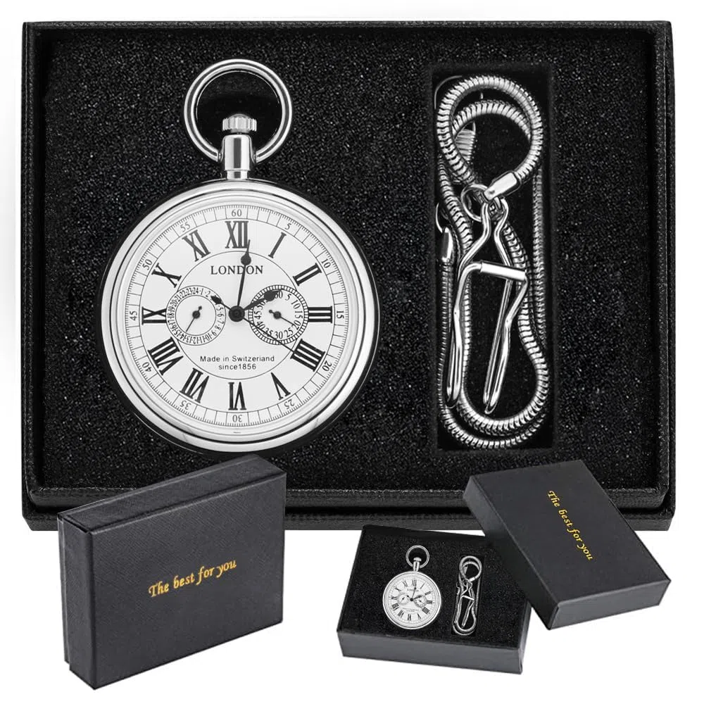 Reloj de bolsillo mecánico de acero inoxidable con diseño de tren de Londres, estilo vintage, con cadena