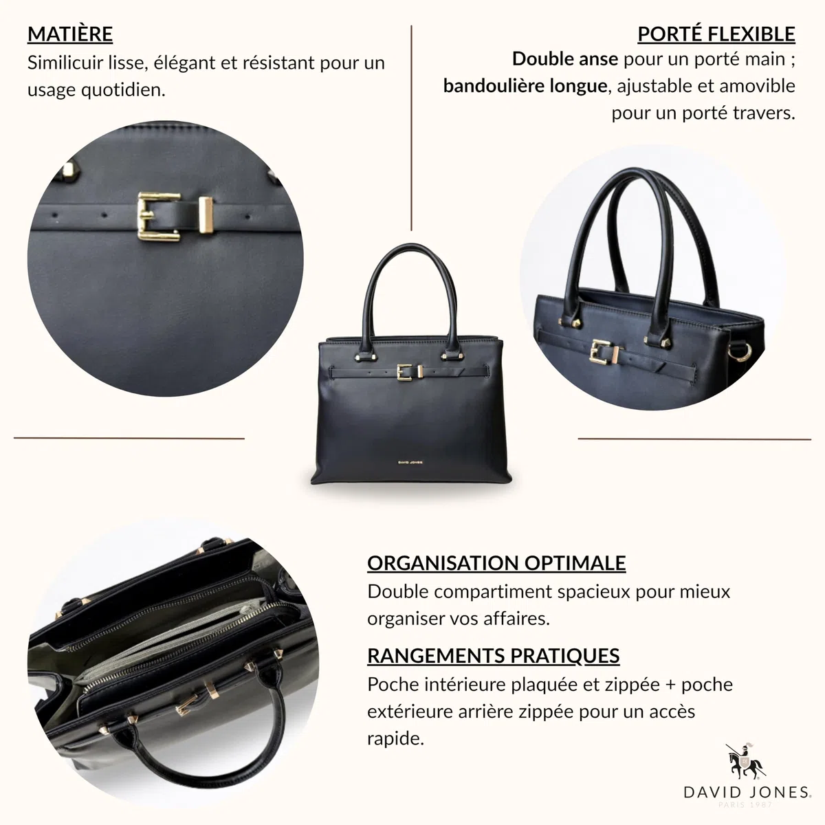 David Jones - Bolso de mano para mujer de gran formato, doble compartimento, piel sintética lisa, bandolera extraíble, bolsillos con cremallera