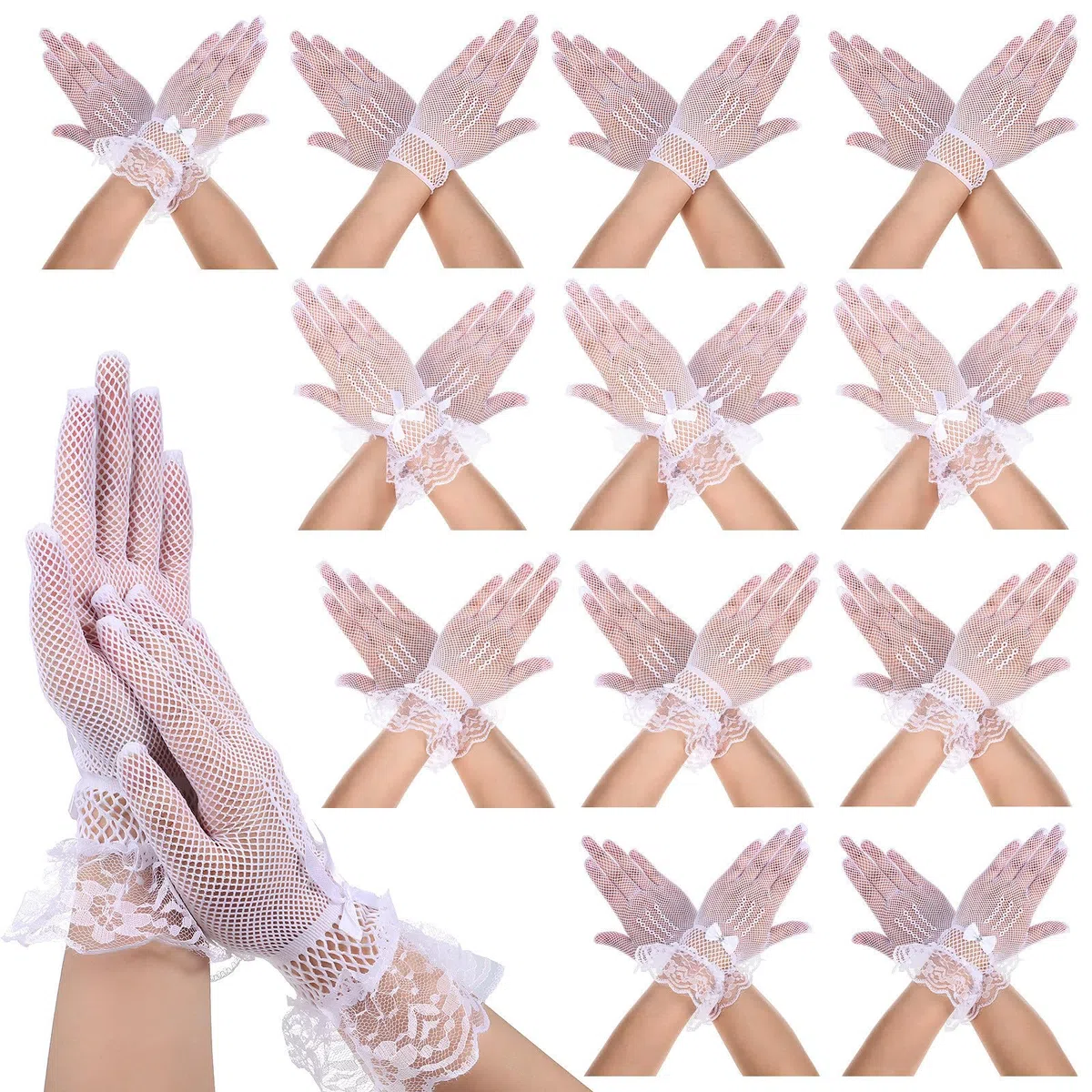 TEHAUX Guantes de Novia de Malla 12 Pares Blanco Poliéster para Boda | Transpirables y Cómodos, Pedrería y Lazos, para Banquete y Fiesta de Té, Uso Repetido
