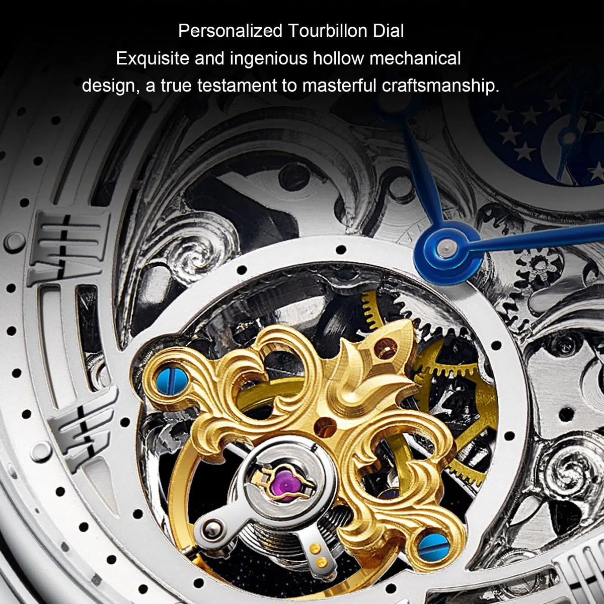 Reloj Automático Esqueleto de Lujo para Hombre con Fase Lunar Tourbillon, Reloj de Pulsera Mecánico