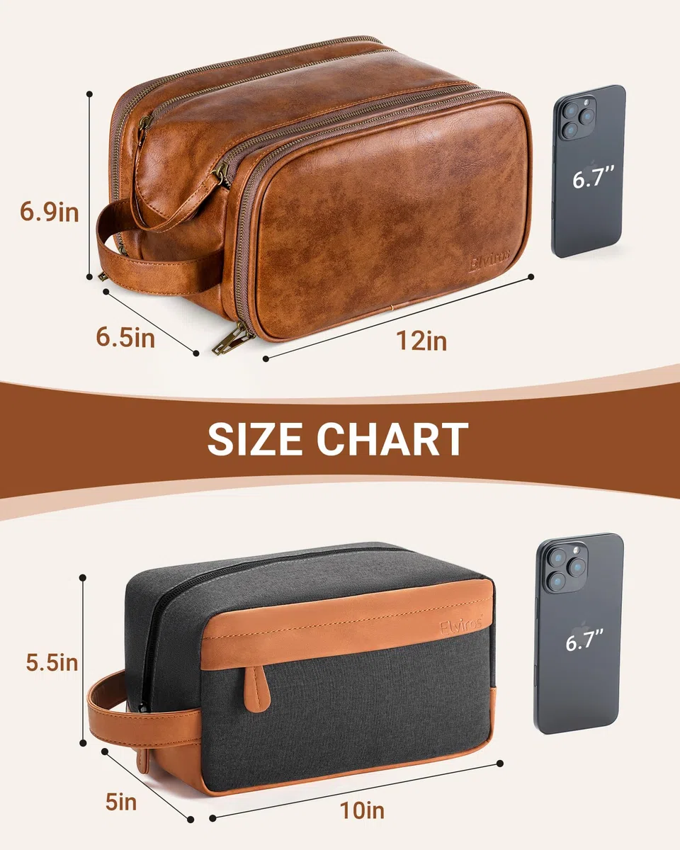 Elviros Neceser de Viaje para Hombres, Kit de Afeitado Grande, Resistente al Agua, Organizador de artículos de tocador de baño de Piel sintética, Regalo para el día del Padre