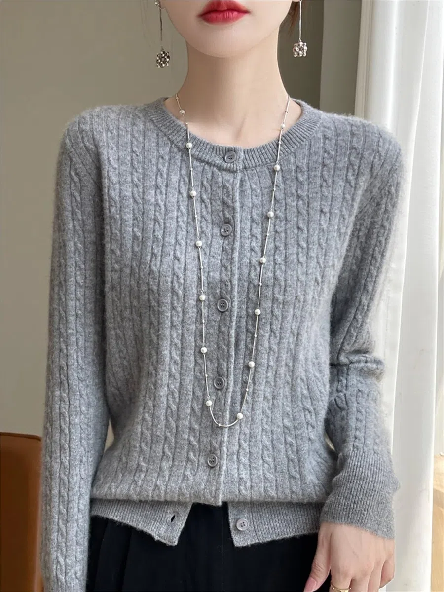 1 Pieza Otoño Invierno Mujer Suéter Cuello Redondo Rebeca de Punto Trenzado Ropa Casual Manga Larga Tops para Uso Diario Y Actividades
