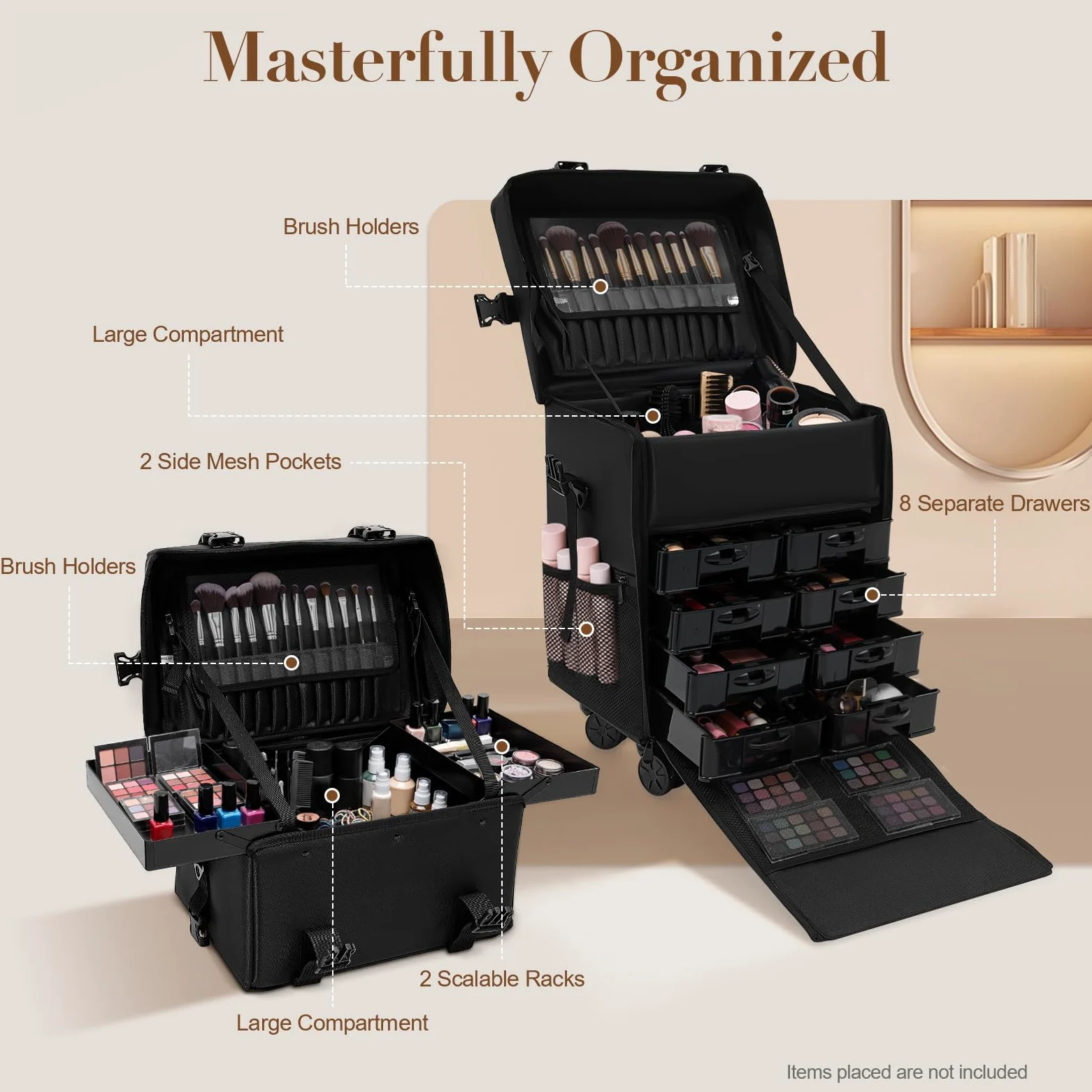 Maleta de peluquería con 8 cajones, 2 en 1, maletín de maquillaje profesional, maletín de maquillaje para viaje, color negro